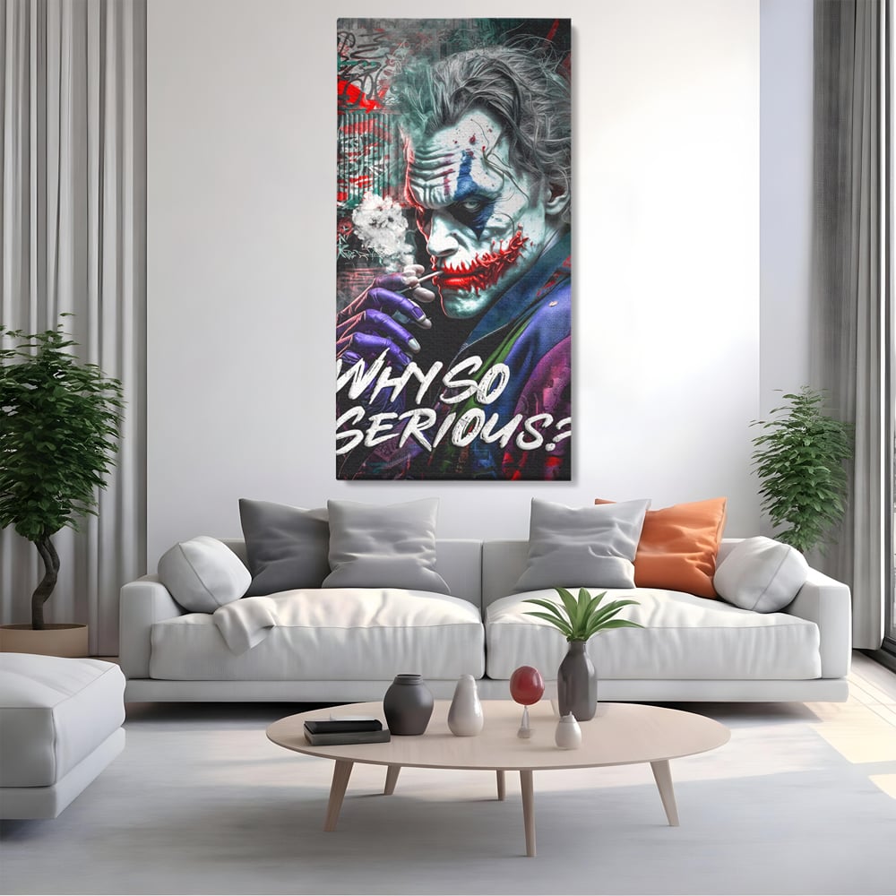 Tablou canvas cu tablou canvas cu jokerul fumand, fara rama, pe sasiu de lemn, pe perete intr-un living